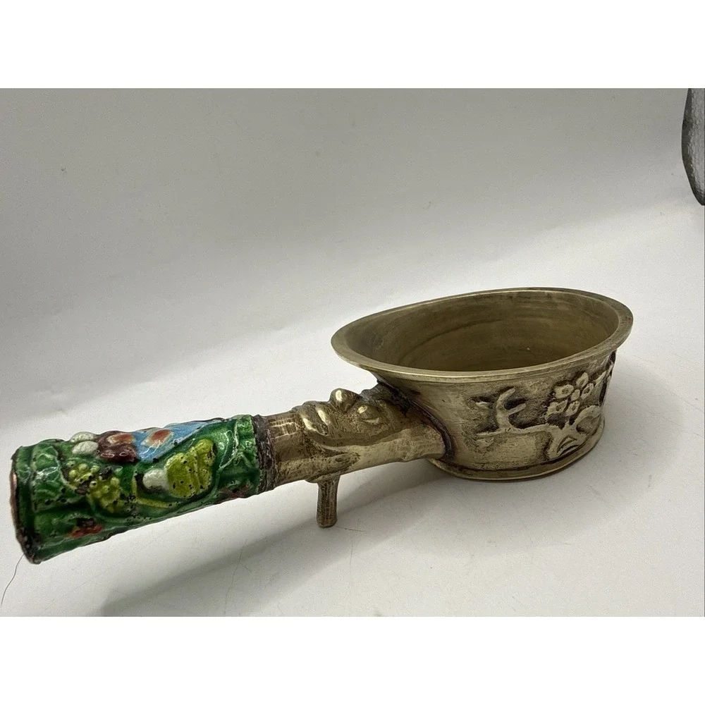 Vintage 1960's Brass Chinese‎ Silk Iron With Enamel  Cloisonné Handle Scoop